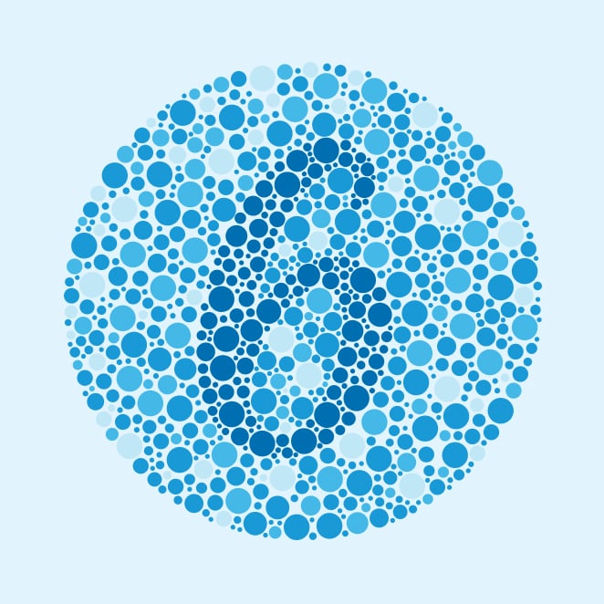 Color blindness test made of several blue dots with a number six in the center