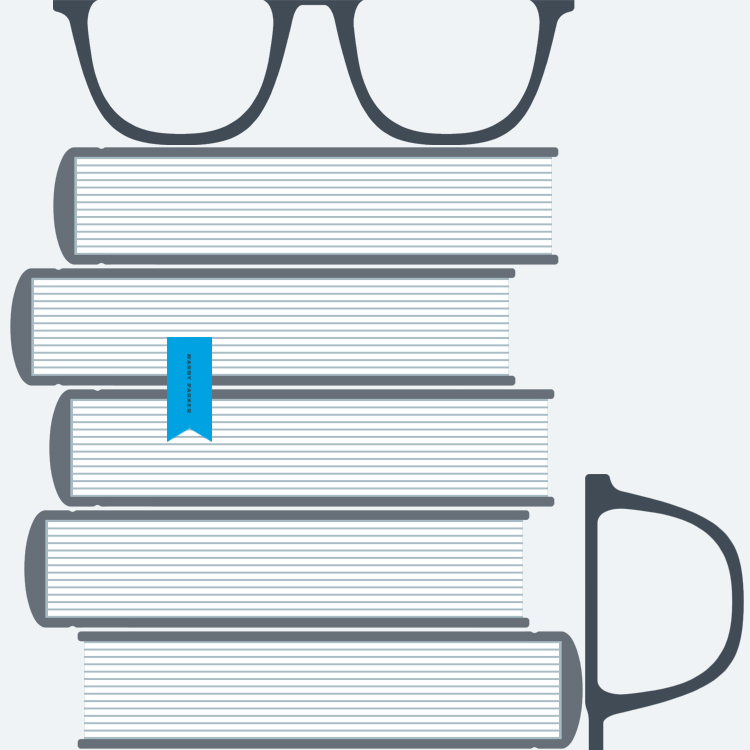 Illustration of glasses frames on a stack of books