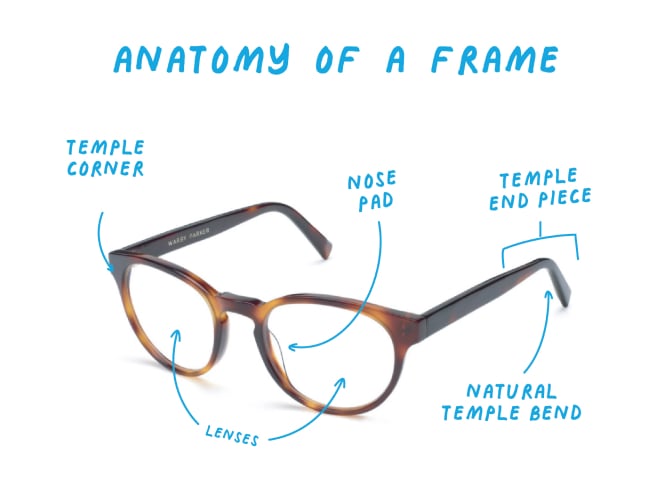 Labeled diagram of the different parts of glasses
