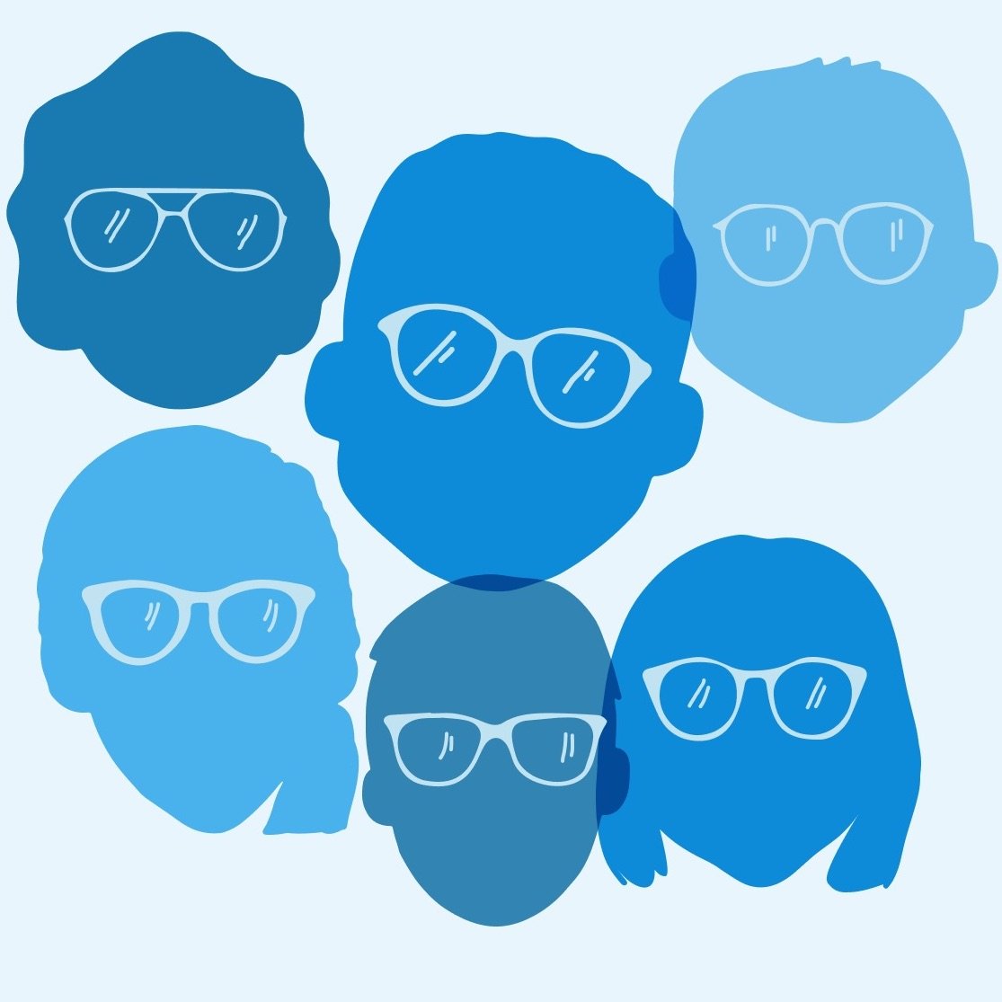 Six silhouettes of different face shapes wearing glasses