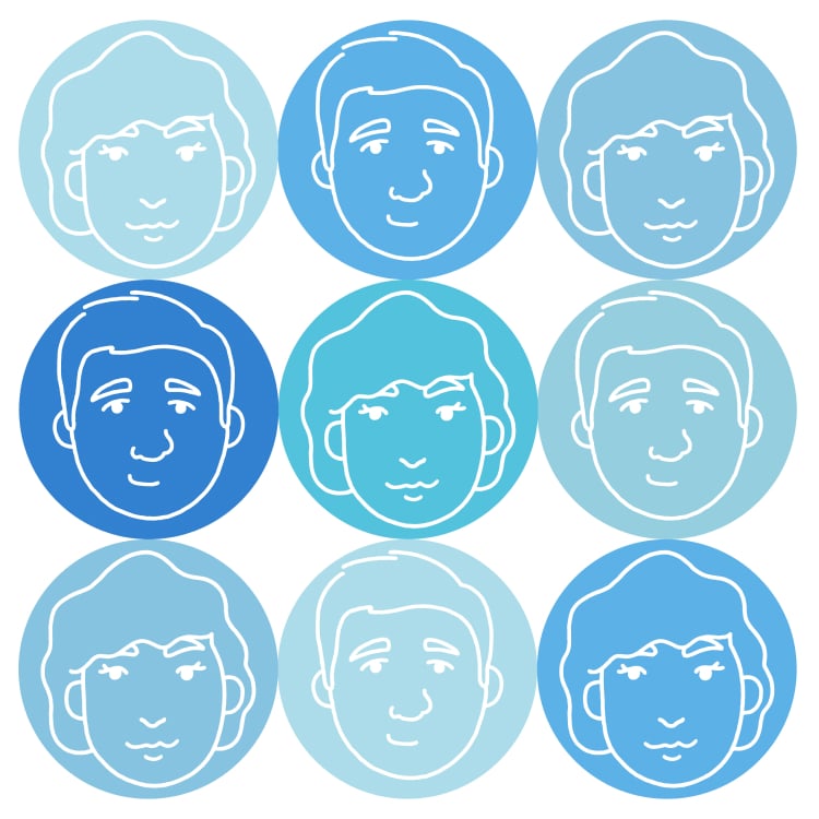 Nine illustrated round faces on blue circular backgrounds