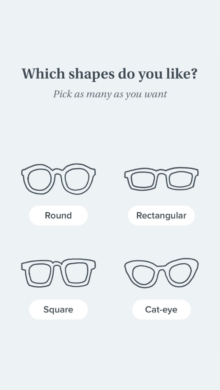 Style quiz questions asking what glasses frame shapes the reader likes with four illustrated choices