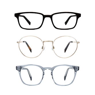 Three glasses frames whose photochromic lenses gradually shift from transparent to tinted