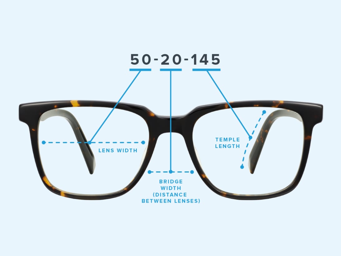Diagram of glasses frame highlighting different measurements