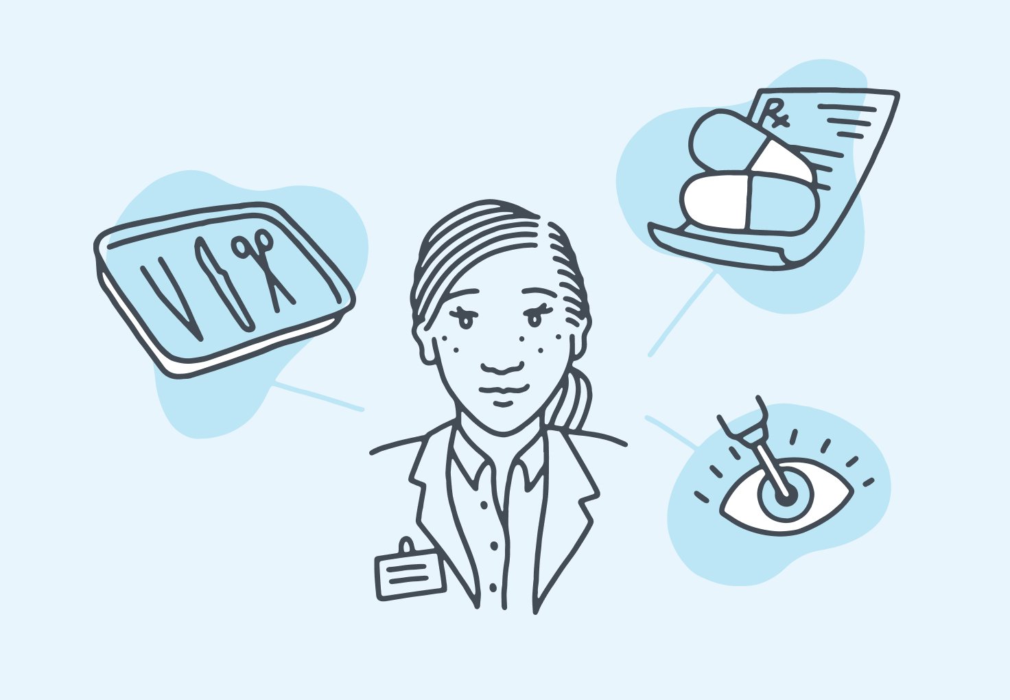 Illustration of an ophthalmologist with icons for her different duties