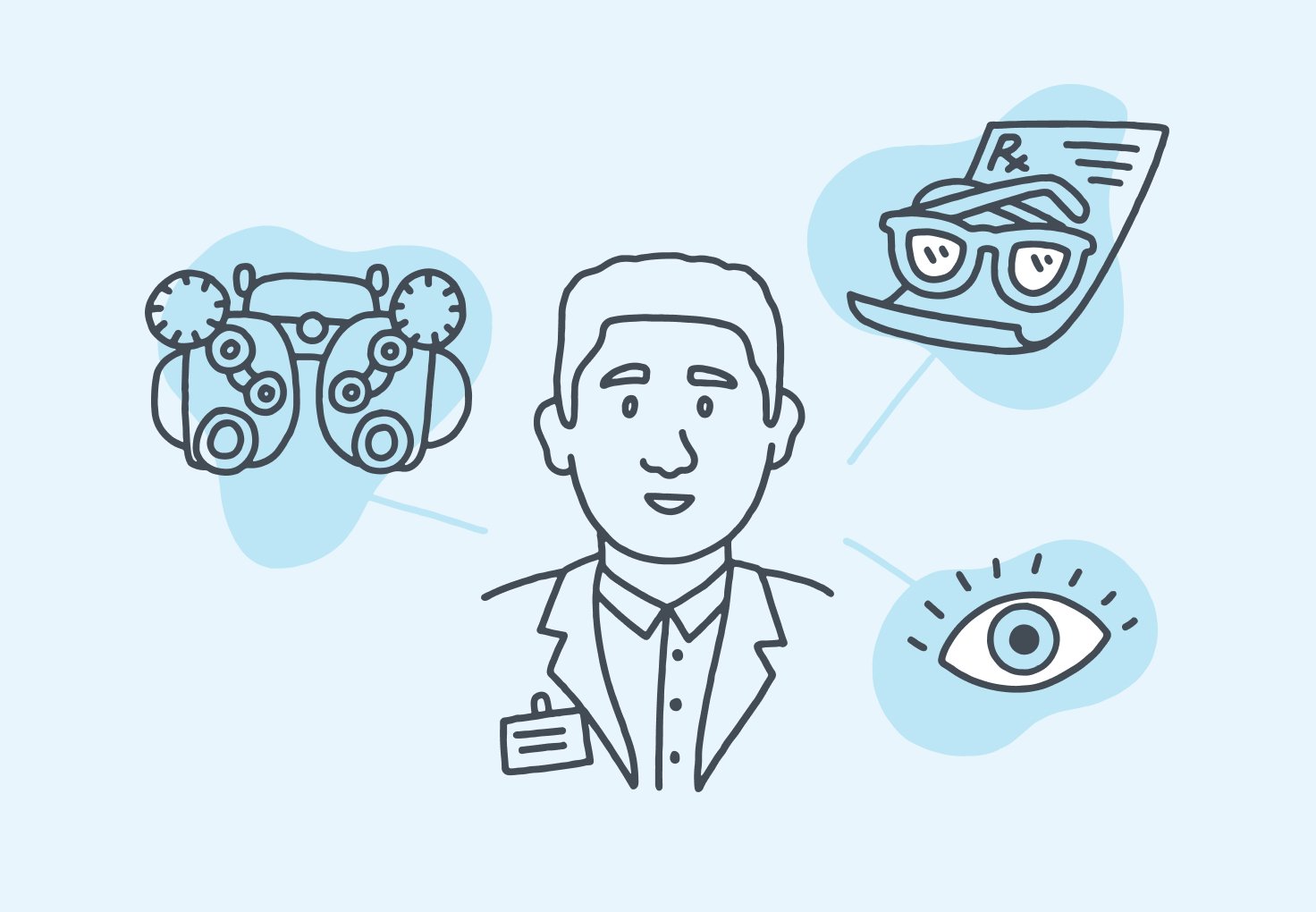 Illustration of an optometrist with icons for his different duties