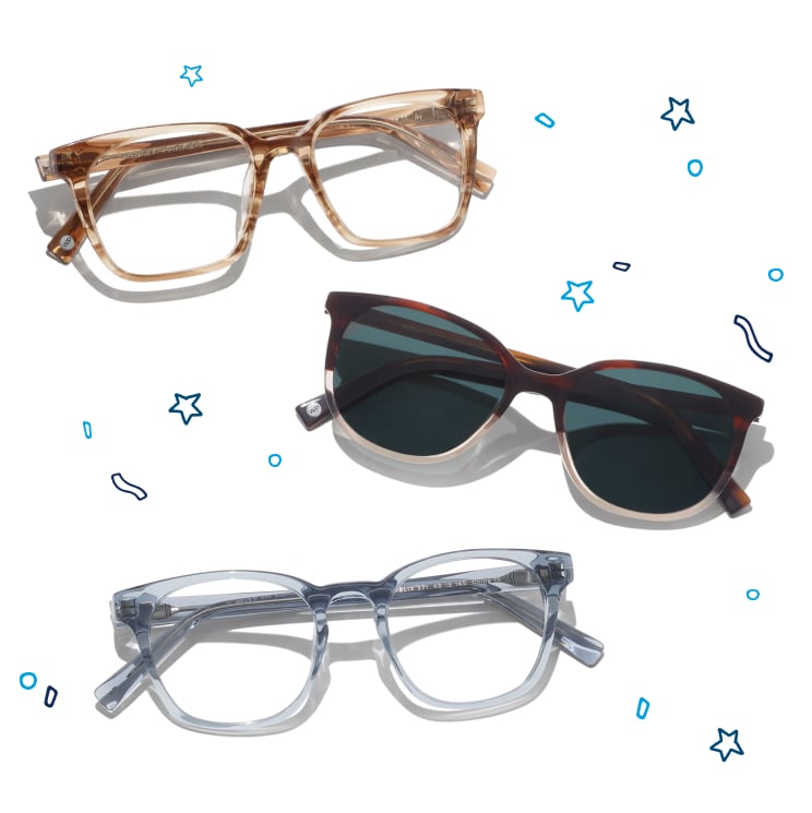 Three pairs of glasses on a white background with blue stars and confetti