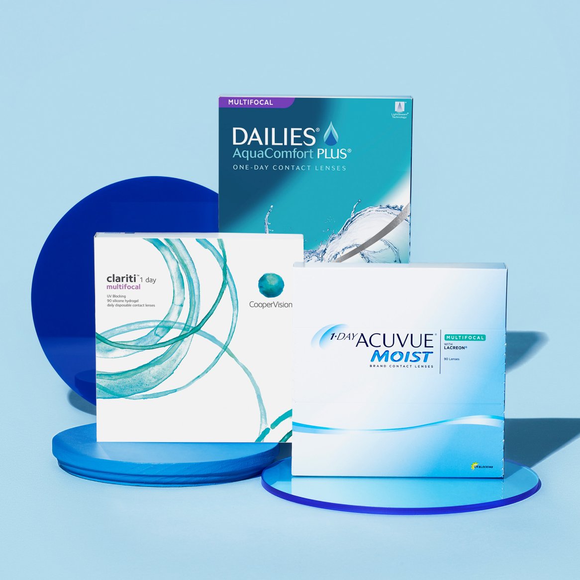An array of multifocal contact lens boxes