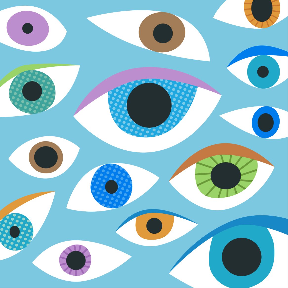 Artwork showing a compilation of eyes including some with dilated pupils