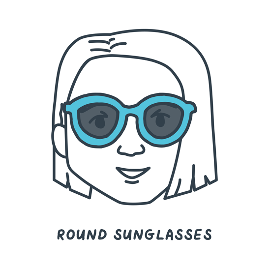 Animated illustration of a square-shaped face wearing different styles of sunglasses