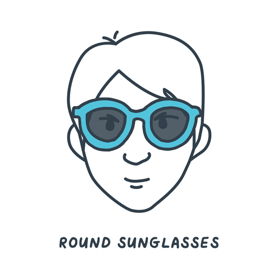 Animated illustration of a triangle-shaped face wearing different styles of sunglasses