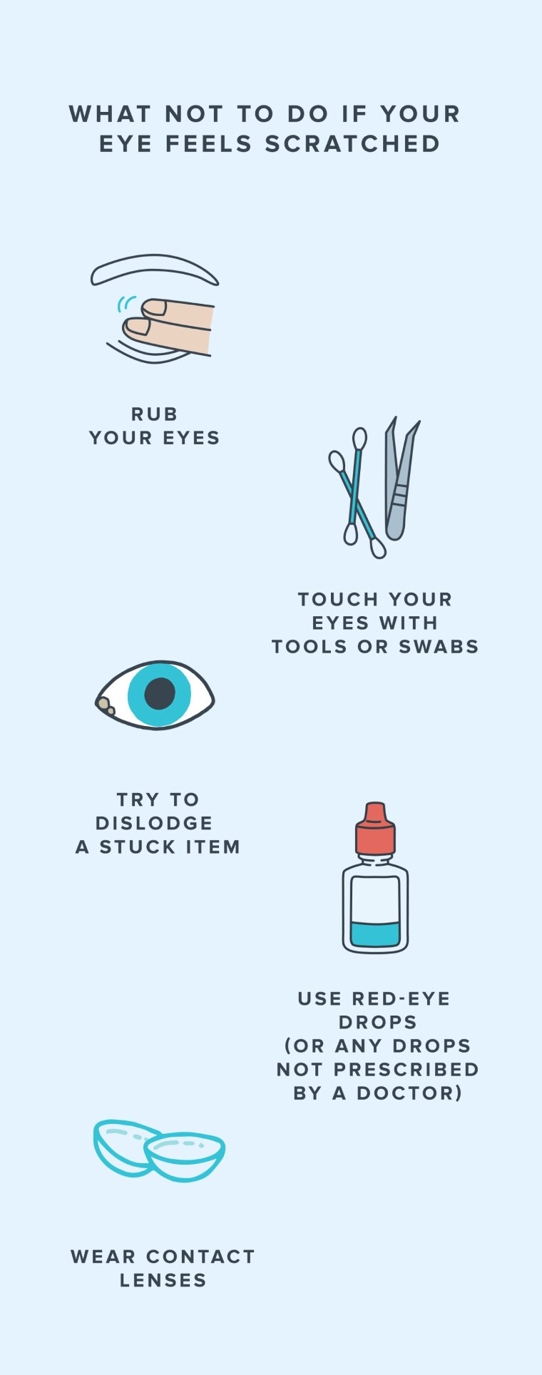 Infographic illustrating what not to do if you have a scratched cornea