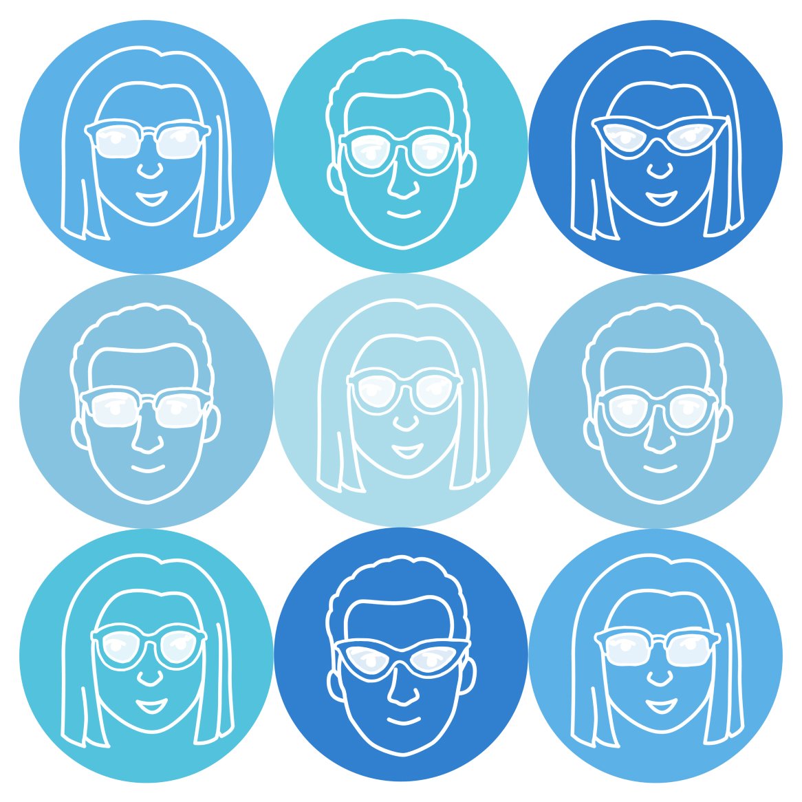 Blue and teal illustrated circular icons of different small face types wearing sunglasses